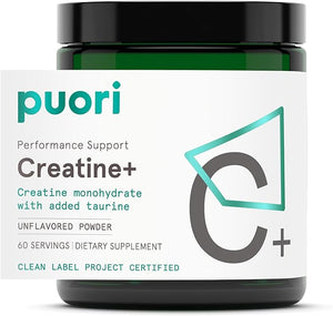 Puori Creatine Monohydrate Powder with Taurine - Unflavored Creatine Powder Pre-Workout Supplement for Men &amp Women - Muscle Builder Enhanced Workout Performance &amp Strength Building - 60 Serv