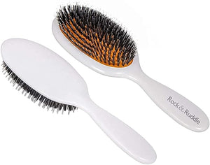 Rock &amp Ruddle Natural Mixed Boar Bristle Hair Brush for Women and Kids (Small/Travel Size 17.5cm - Perfect for Wet or Dry Hair Detangling Smoothing Blowdrying - Made in UK - White Shimmer Design