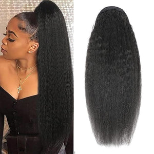 Riverwood 20 Inches YaKi Straight Ponytails Human Hair 10A Grade Drawstring Ponytail Extension Yaki Straight Clip in Pony Tail for Black Women Natural Black Hair Pieces (YaKi 20)