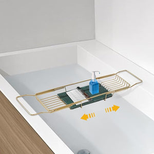 Bathtub Tray Caddy for Luxury Bath Stainless Steel 26.8-35.4 in Expandable Extra Wide Bath Tub Tray with Natural Marble and Mobile/Tablet Stand Ideal for Home Spa Lovers (Gold + Green)