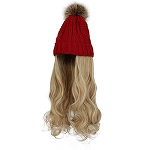 Women Winter Beanie Hat with Big Wavy Curly Hair Knit Attached ski Snow Cap Wig for Party Daily Weddings