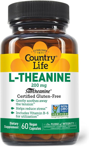 Country Life Suntheanine L-Theanine ? 60 Vegan Capsules | Natural Stress Relief Supplement with Inositol | Promotes Relaxation Focus &amp Better Sleep | Certified Gluten-Free Non-Drowsy Formula
