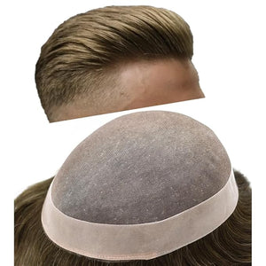 LYRICAL HAIR Toupee for Men Hair System Replacement Monofilament Mens Toupee Hairpiece Durable Poly Coated NPU Around Wig for Men Human Hair Piece Unit 120% Density 6X8 #410 Medium Brown+10% Gray