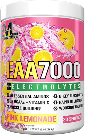 Evlution Nutrition EAA7000 + Electrolytes - Pre &amp Post Workout Powder - Muscle Building + Recovery Supplement - 7g EAAs + 5g BCAAs + 6 Key Electrolytes - Rapid Hydration - 30 Servings - Pink Lemon