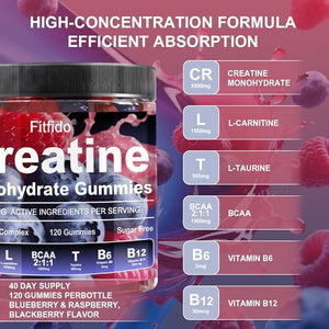 Creatine Monohydrate Gummies Complex 8000mg for Men and Women, Containing L-carnitine &amp; Taurine, Build Muscle, Boost Energy, Faster Recovery, Sugar Free &amp; Vegan, Raspberry &amp; Blackberry, 12