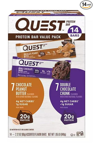 Quest Protein Bar - Value Pack 14 Bars Chocolate Peanut Butter &amp Double Chocolate Chunk. 1g Sugar 20g Protein.