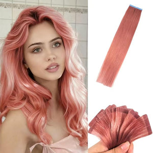 Rose Gold Pink Tape in Hair Extensions Human Hair Invisible Seamless Diy Hair Extensiosn Tape in 22 Inch Long Straight Hair 20Pcs for Cosplay