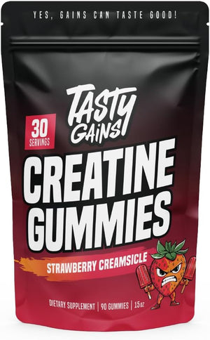 TASTY GAINS Creatine Gummies - 90g of Creatine Monohydrate - Workout Supplements - Build Muscle &amp Boost Strength for Men &amp Women - Made in USA - Non GMO - (Large Strawberry Creamsicle Flavor)