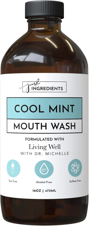 JUST Ingredients Cool Mint Remineralizing Mouthwash | Hydroxyapatite &amp Colloidal Silver Formula | Alcohol-Free | Fluoride-Free Mouth Rinse
