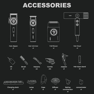 VGR Professional Barber Combo 4 in 1 ? 9000RPM Cordless Hair Clipper &amp Trimmer Foil Shaver &amp Hair Dryer Set All-in-One Grooming Kit for Home &amp Barber Premium Haircutting Kit with Travel