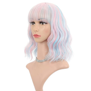 FAELBATY Mix Pink Wave Bob Wigs With Bangs Synthetic Cosplay Wig for Girl Shoulder Length Wig for Women Costume Wigs Candy Color(12 Mixed Blue Pink)