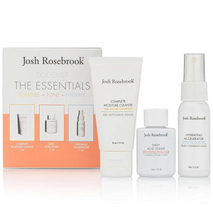 Josh Rosebrook The Essentials Kit - Cleanse, Tone &amp; Hydrate Skincare Set | Complete Moisture Cleanse 1 oz, Daily Acid Toner 0.5 oz, Hydrating Accelerator 1 oz | Travel Size Facial Skin Care