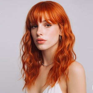 Orange Wigs with Bangs for Women Synthetic 16 inch Medium Length Wigs with Natural Long Wavy Fringe Bang wig Heat Resistant Hair for Daily Party Use(Orange)
