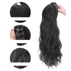 Natural Long Wavy Hair with Headband Fishbone Braid Hair Half Wig for Woman 18inch Body Wavy Curly Wigs (Brown black)