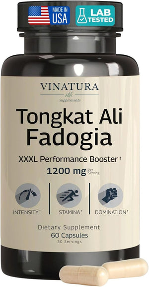 Tongkat Ali Fadogia Agrestis - 1200mg Enhanced with Nitric Oxide Booster Supplement Longjack Tongkat Ali for Men *USA Made and Tested* 60 Capsules