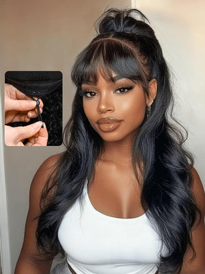 Nadula 7x5 HD Bye Bye Knots Glueless Curtain Bangs Wig with Drawstring, Pre Everything Loose Wave Wigs Human Hair Pre Cut/Plucked/Bleached Invisible Knots, Ready to Wear No Glue, 180% Density 24inch