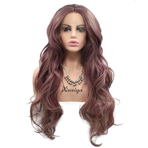 xiweiya Purple Wavy Lace Front Wig Long Curly Wave Smoke Pink Hair Mixed Synthetic Lace Front Wigs Heat Resistant Glueless Wavy Wig Hand Tied Wigs 13x3 lace wig 24inch