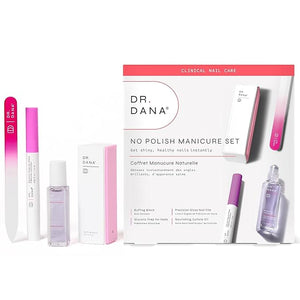 Dr. Dana No Polish Manicure Set - Shine and Strengthen Your Nails with Natural Glycolic Serum Cuticle Oil Nail Buffer Block and Glass Nail File Nail Care Kit for Healthy Nails Halal Certified