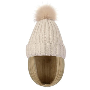 YEKEYI Warm Knitted Beanie Hat with Hair Straight Hair Extension Synthetic Hairpiece Beanie Wig Hair Extensions