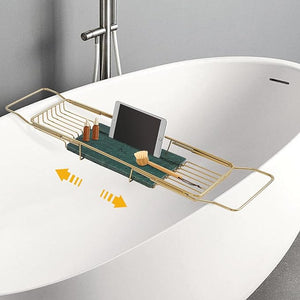 Bathtub Tray Caddy for Luxury Bath Stainless Steel 26.8-35.4 in Expandable Extra Wide Bath Tub Tray with Natural Marble and Mobile/Tablet Stand Ideal for Home Spa Lovers (Gold + Green)