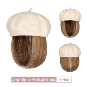 Hat Wig Beret Hat with Hair Extensions Classic French Wool Hat Straight Short Bob Hairpiece Women Bob Wig Hats
