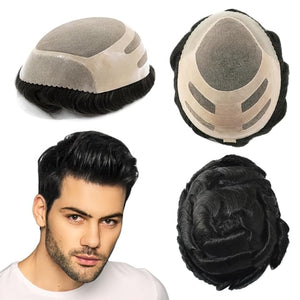 Toupee for Men Human Hair Mens Human Hair System Hairpieces Jet Black Medium Density Fine Mono Bond #1