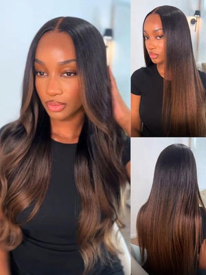 YIROO Chestnut Brown Ombre Yaki Straight 13x4 Pre Everything Frontal Glueless Wig Human Hair Pre Plucked Pre CutBye bye Knots Wear and Go Drawstring Wigs Beginner Friendly 150% Density 20Inch