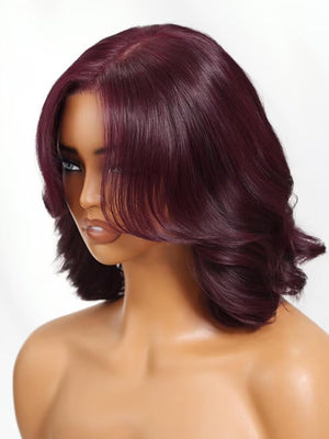 Beauty Forever Glueless Bob Wig Human Hair Body Wave Black Cherry HD Lace Bob Drawstring Wig with Face Framing Bangs 150% Density 10 Inches Pre Plucked Pre Cut Bye Bye Knots Ready to Go Blow Out Wig