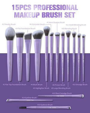 EIGSHOW Makeup Brushes Set 15Pcs Professional Make Up Brush with Silver Ion Bristles for Foundation Powder Blush Highlighter Concealer Eyeshadow Eyeliner Travel Gift Set (Matte Purple)