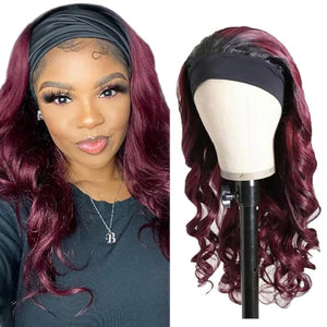 Ombre 1B99J Body Wave Headband Wig Burgundy Human Hair Headband Wig 130% Density Grade 8A Brazilian Remy Hair Machine Made Wigs Wine Red Color 24 Inch