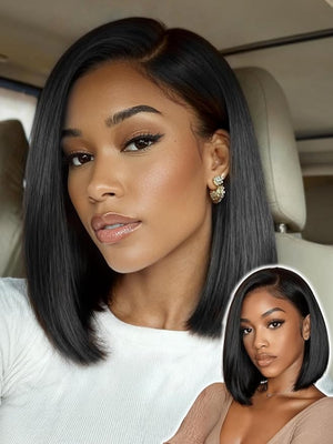 YIROO Bye Bye Knots 7x5 Lace Straight Bob Wig Glueless Human Hair Wig with Elastic DrawstringPre Plucked Pre Cut Short Bob Lace Closure Wig Wear and Go Natural Color 150% Density 12Inch