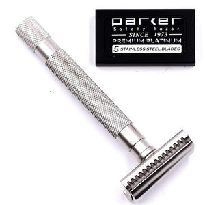 Parker Semi-Slant Safety Razor ? Satin Chrome Finish | Smooth Efficient Double Edge Wet Shaver for Men | Slanted Cutting Action + 5 Platinum Blades Included | Iconic Brand
