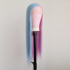 Half Pink Half Blue Lace Front Wigs Long Straight for Women 13x4 Synthetic Hair wig Natural Hairline Cosplay Party Heat Resistant Fiber 24 inches