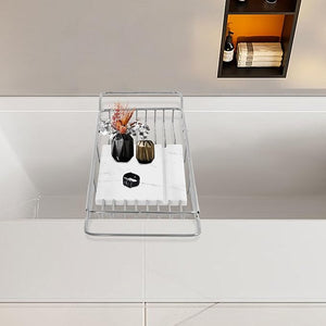 Bathtub Tray for Tub Metal Expandable Extra Wide Bath Caddy Tray for Bathtub with Natural Marble Groove for Bath Spa (Silver Frame White Marble Base)