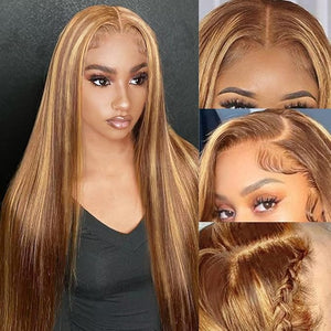 Azkiu 28Inch Highlight Ombre Lace Front Wig Human Hair Pre Plucked 13x4 HD Transparent 4/27 Honey Blonde lace frontal Wigs with Baby Hair 180% Density Colored Straight Lace Front wig
