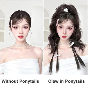 Ponytail Extension Claw Clip in Long Curly Wavy Ponytail Braids Hair Extension Synthetic Pony Tail Hairpiece (Brown Black)