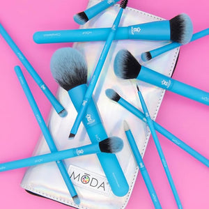 MODA Totally Electric Neon Blue Full Face Makeup Brush Kit ? 13pc Vibrant Brush Set for Face &amp Eyes with Zip Case