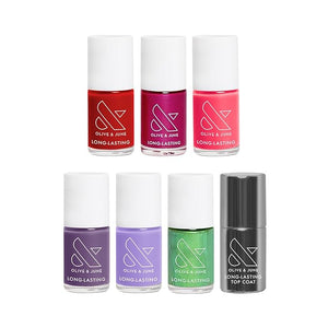 Olive &amp; June Bolds Long Lasting Nail Polish Set | Includes 6 Shades (Bold &amp; Unshaken, Art Class, Because I'm Green, Lily Blooms, CV, Hot Strawberry) + Top Coat | Vegan, Cruelty-Free | Salon-Qu