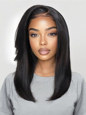 Yiroo Light Yaki Straight Wig Human Hair with Side Swept Bangs7x5 Lace Front Bye Bye Knots Glueless Wig Human Hair Pre Plucked Pre CutElastic Drawstring Wear and Go Wig for Women 150% Density 14Inch