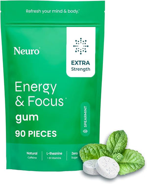 Neuro Energy &amp Focus Gum Extra Strength - 100mg Natural Caffeine Gum &amp Nootropic Energy Supplement with L-Theanine &amp B Vitamins - Sugar Free Vegan - Spearmint 90ct