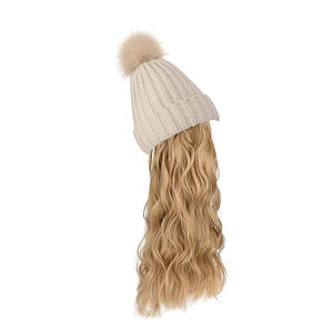 Women Winter Beanie Hat with Wig Big Wavy Curly Hair Extensions Knit ski Snow Cap Attached Party Daily Weddings Wig