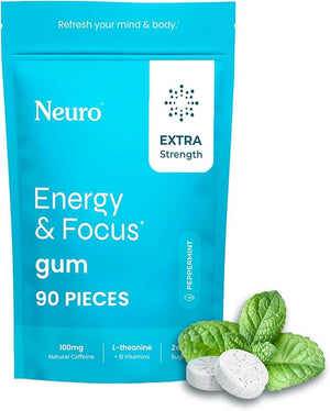 Neuro Energy &amp Focus Gum Extra Strength - 100mg Natural Caffeine Gum &amp Nootropic Energy Supplement with L-Theanine &amp B Vitamins - Sugar Free Vegan - Peppermint 90ct