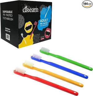 The Essentials Dreams 144 Pack Disposable Toothbrushes with Mint Toothpaste, Individually Wrapped - Prepasted Single Use Toothbrush with Soft Bristles for Camping, Hotels, Travel, Airbnb