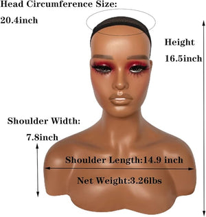 Realistic Female Mannequin Head with Shoulder Manikin PVC Head Bust Wig Head Stand with Makeup for Wigs Necklace Earrings Light Brown with Red Eye Shadow