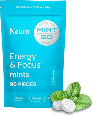 Neuro Energy &amp Focus Mints - Sugar Free Breath Mints with 80mg Natural Caffeine B Vitamins &amp L-Theanine - Vegan Brain Supplement for Exercise Study &amp Daily Focus - Peppermint 90 ct