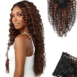 SIYUSI Kinky Curly Clip In Extensions Luxurious Thickness Premium Brazilian Remy Hair Clip Ins Invisible &amp Scalp-Friendly Light Auburn Ombre 4.23oz 7Pcs (16 Inch)