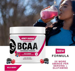 Honey Badger BCAA + EAA Amino Acids Powder, BCAAs + L-Glutamine, Keto, Vegan, Sugar Free for Men &amp; Women, Hydration &amp; Post Workout Muscle Recovery Drink Mix, Wild Berry, 30 Servings