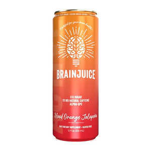 Brainjuice Brain Health Support Drink for Energy &amp Focus Vitamin C B5 B6 &amp B12 L Theanine Alpha GPC CoQ10 &amp Green Tea Caffeine Gluten Free Vegan Blood Orange Jalapeno 12 Oz Can