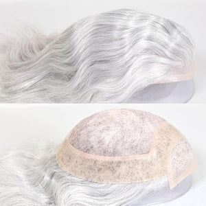 Men's Toupee 10¡¿8 European Virgin Human Hair Toupee Hair pieces for Men Thin Skin Hair Replacement System Lace Front+ Mono Net with PU around Base for Men (#1b mix 90% grey synthetic hair)