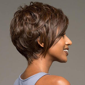 Short Brown Pixie Cut Wigs Human Hair Mixed Synthetic with Bangs Wavy Layered Natural Looking for White Women Daily Use (Brown #4/30)